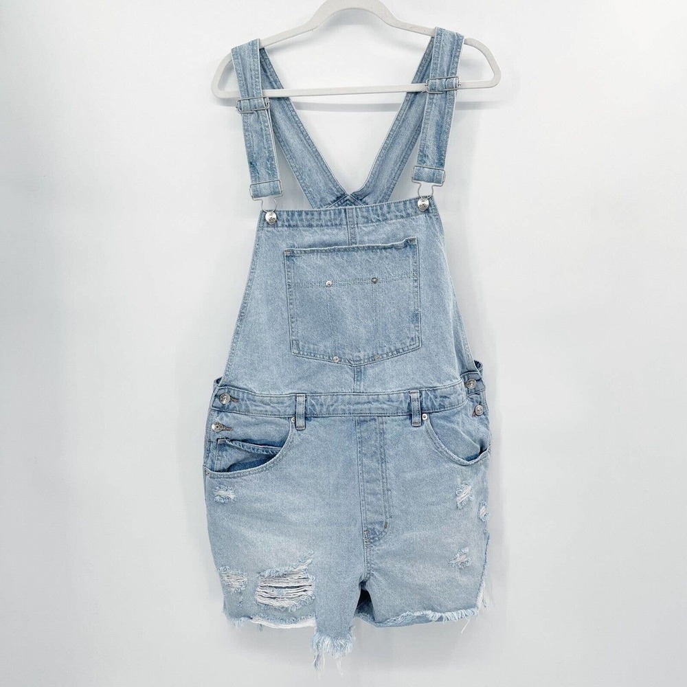 Free People June Shortalls Overall Shorts Indigo Blue Size L Distressed Raw Hem